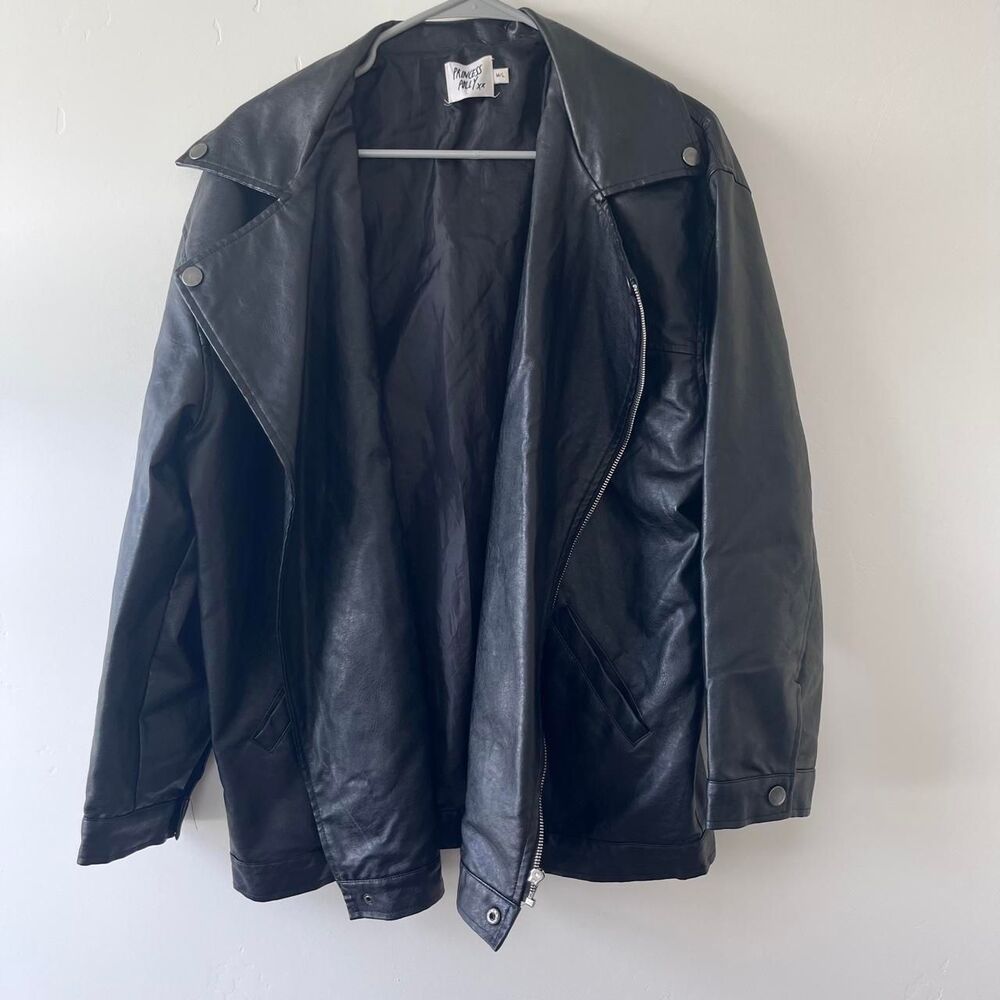 Princess Polly Black Oversized Faux Leather Biker Moto Jacket Size M/L